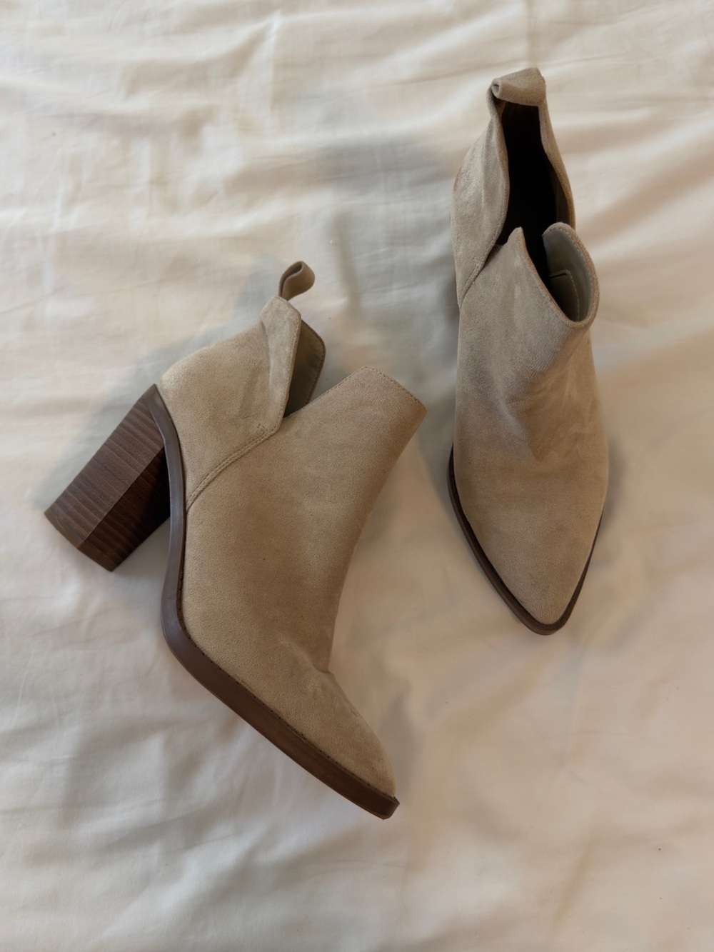 Women’s Suede Pointed Toe Block Heel Ankle Boots - Beige